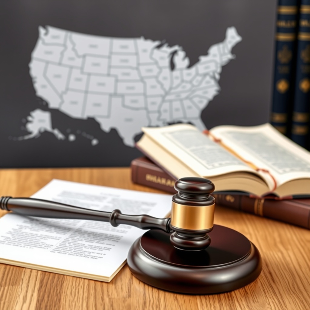 A professional stock photo of a gavel and legal books on a table with a map of the United States in the background, highlighting state-specific considerations in marital assets agreements.