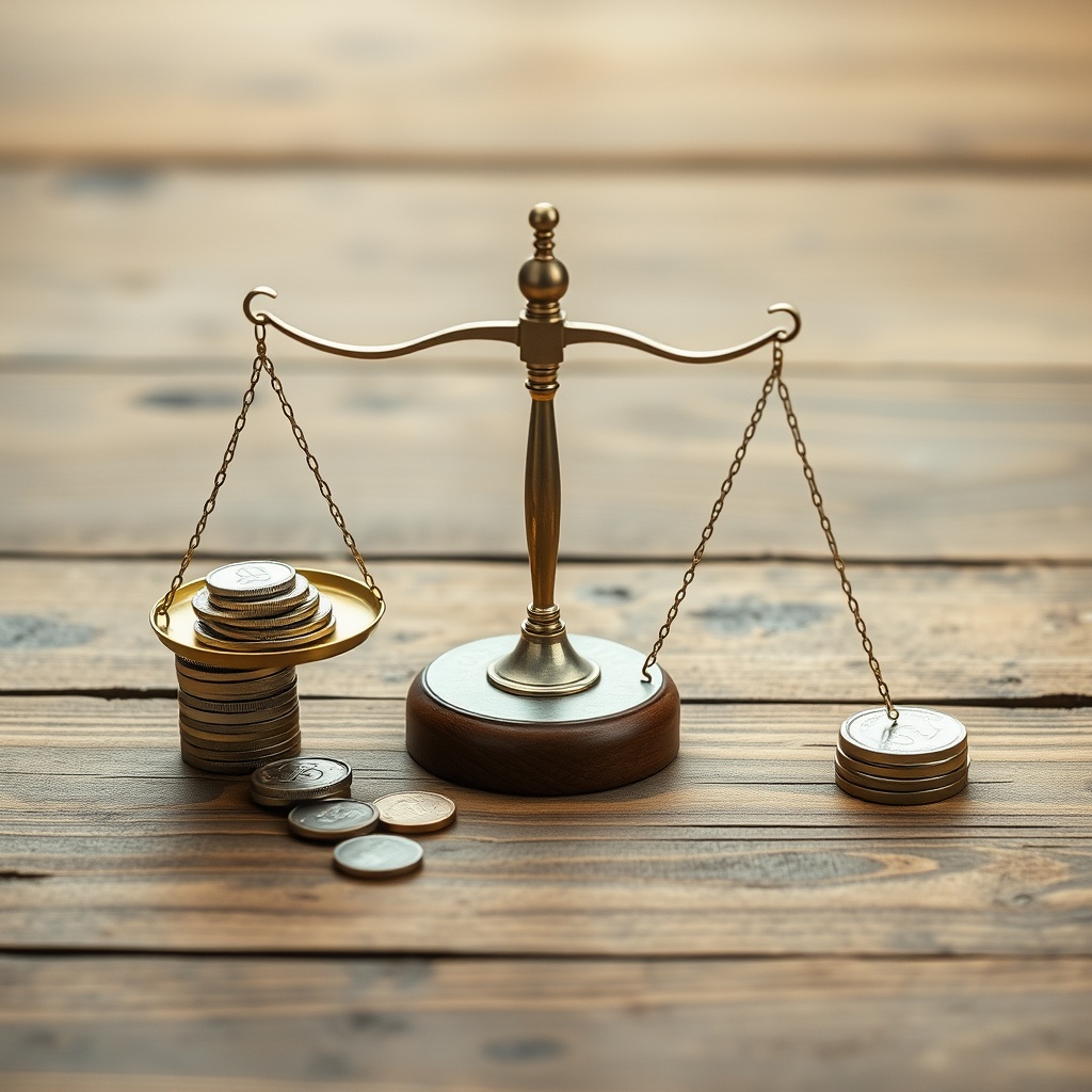 An abstract representation of financial balance with coins and a scale on a wooden table, illustrating the concept of balancing assets and liabilities.