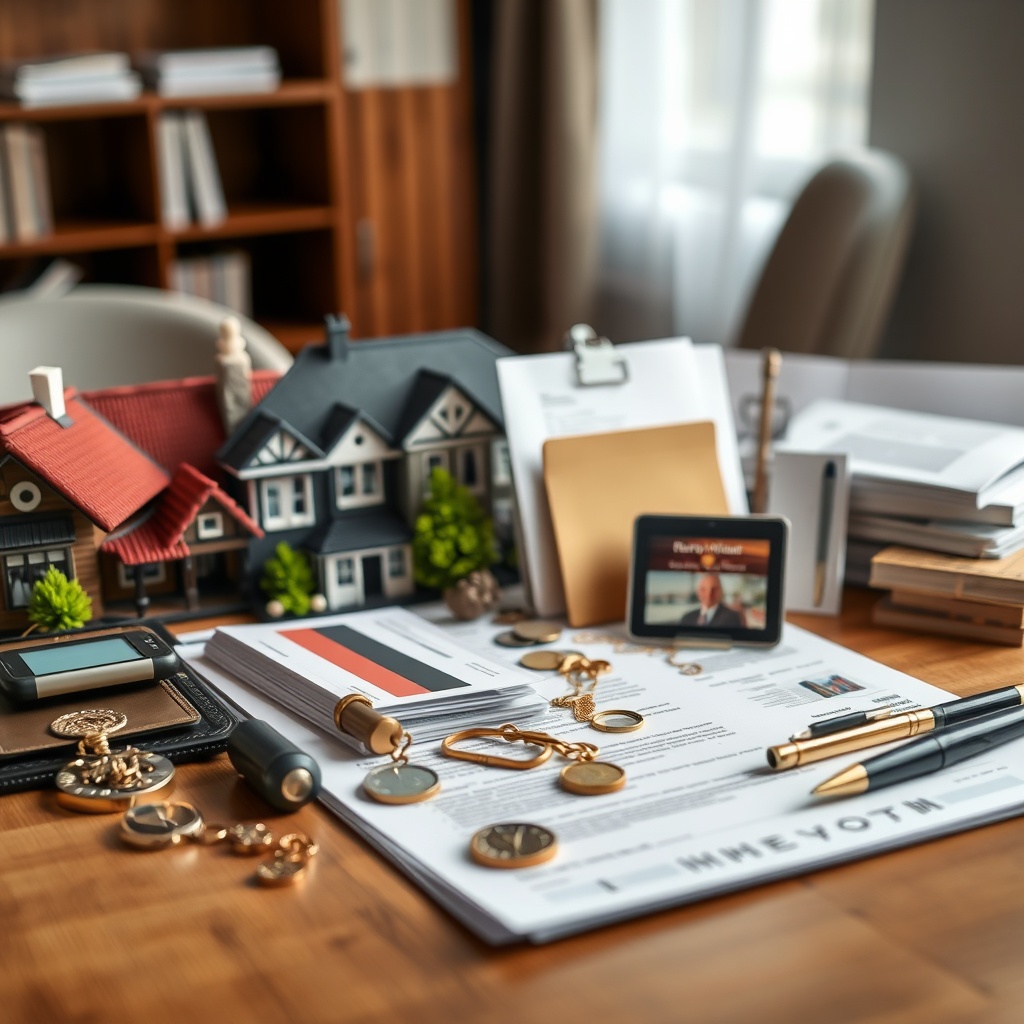 A professional stock photo of a diverse portfolio of assets including real estate, bank documents, and personal valuables neatly arranged on a table, symbolizing the variety of assets subject to inheritance tax.