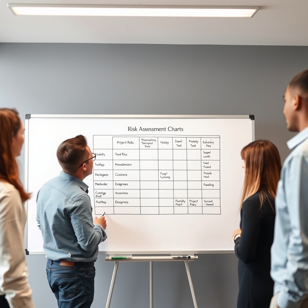 A professional stock photo of a team analyzing a risk assessment chart on a whiteboard, highlighting the process of identifying and mitigating project risks.