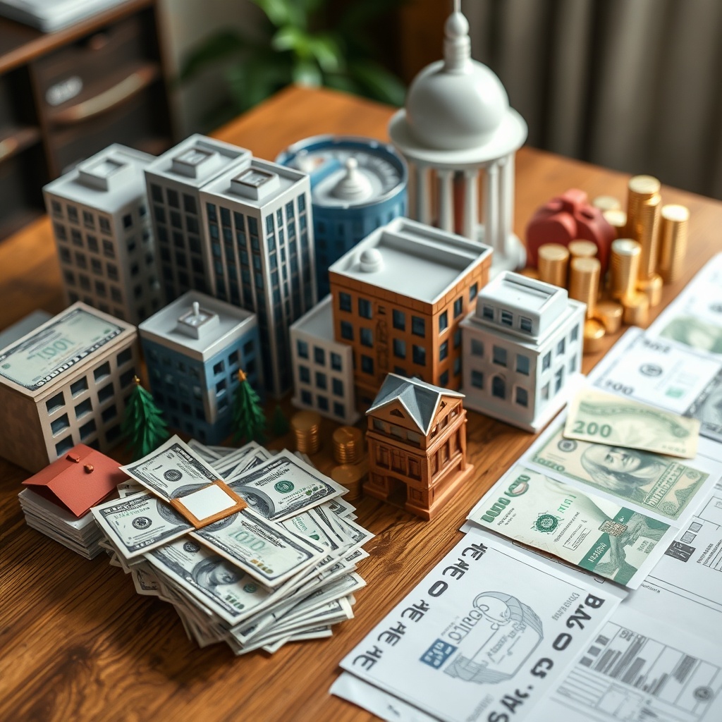 A professional stock photo of a diverse collection of assets including cash, buildings, and patents neatly organized on a table.