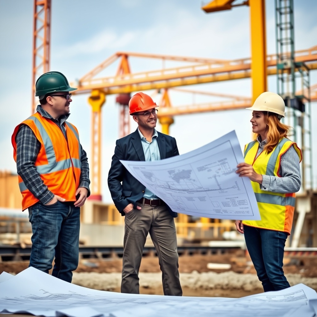 A professional stock photo of an infrastructure project under construction with energy fund investors discussing plans on a blueprint, highlighting long-term investment and geographic planning.
