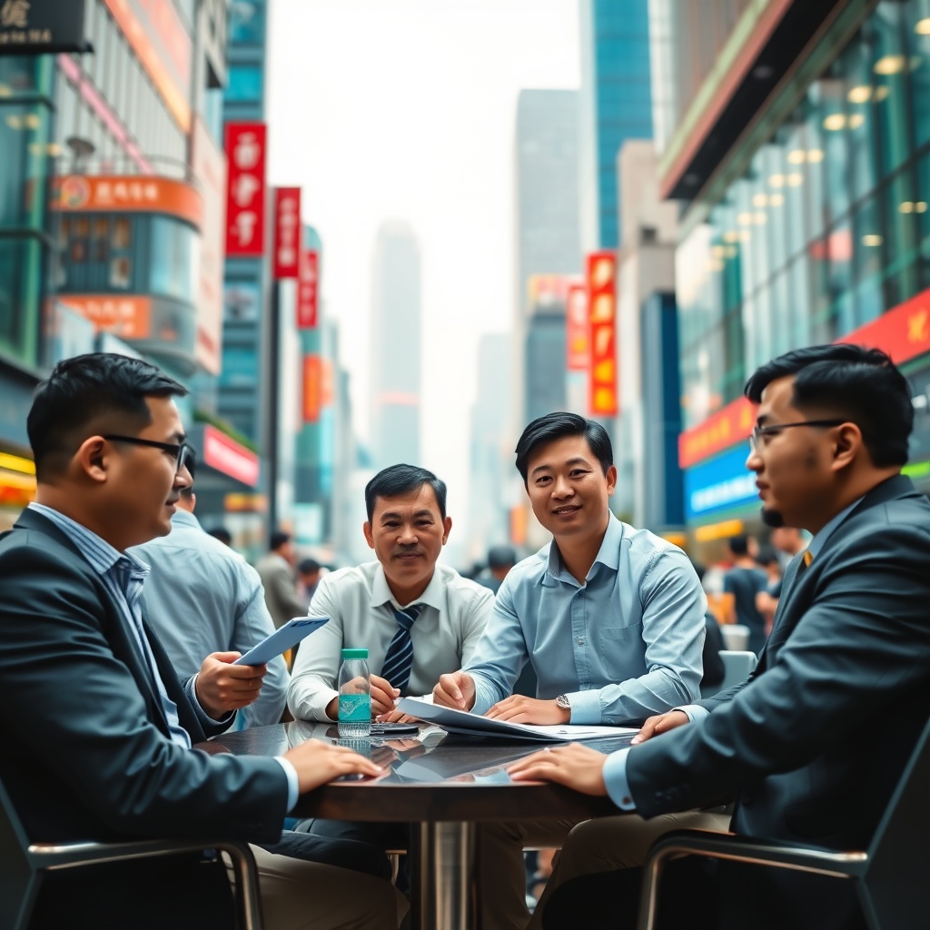 A professional stock photo of a bustling Asian financial district with fund managers in a meeting, emphasizing regulatory landscapes and market opportunities in Asia.