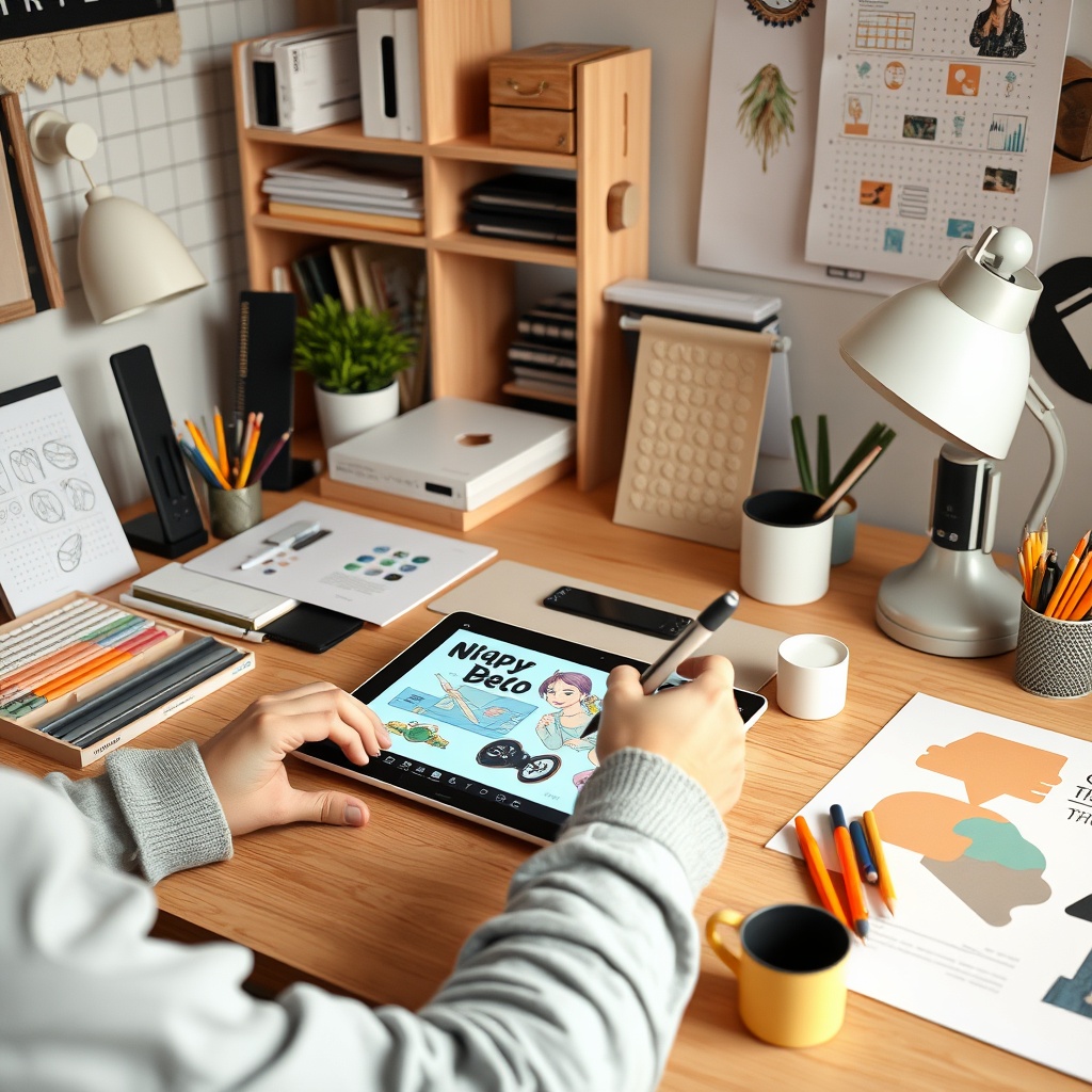 A creative workspace with a designer using a digital tablet to create graphics, surrounded by modern design tools.