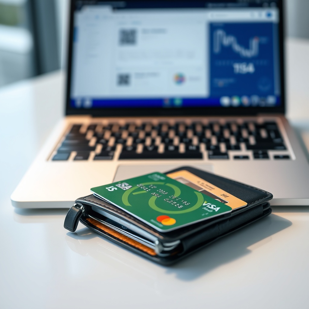 A professional stock photo of a digital wallet and credit cards on a sleek, modern desk with a laptop in the background, symbolizing electronic money and deposit acceptance.