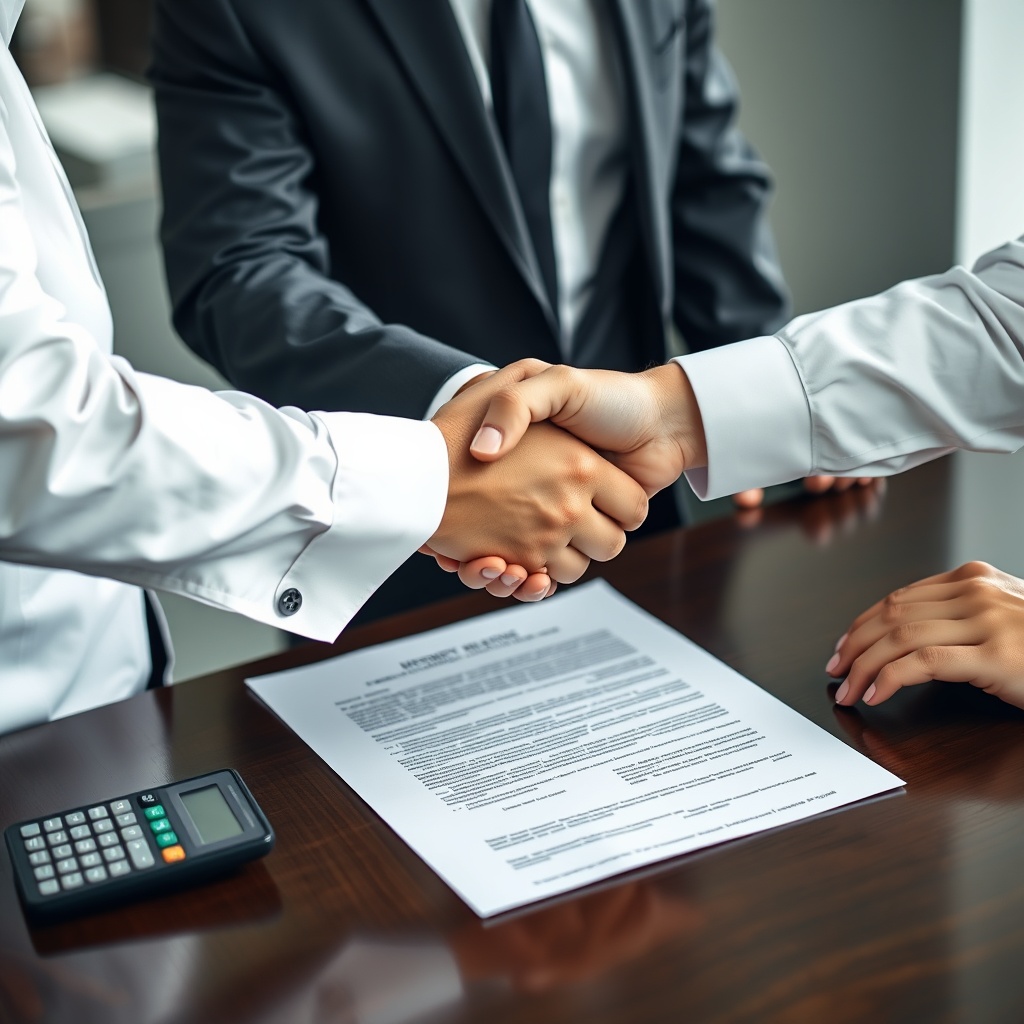 A professional stock photo of a handshake between a banker and a client with documents and a calculator on the table, representing consumer credit and lending regulations.