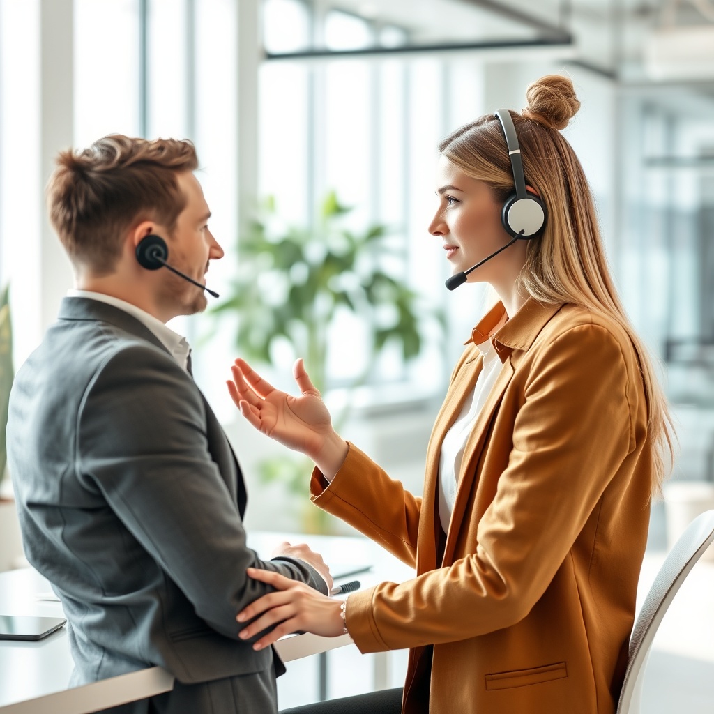 A professional stock photo of a customer service representative talking to a client over the phone in a bright office, illustrating complaints handling and dispute resolution.