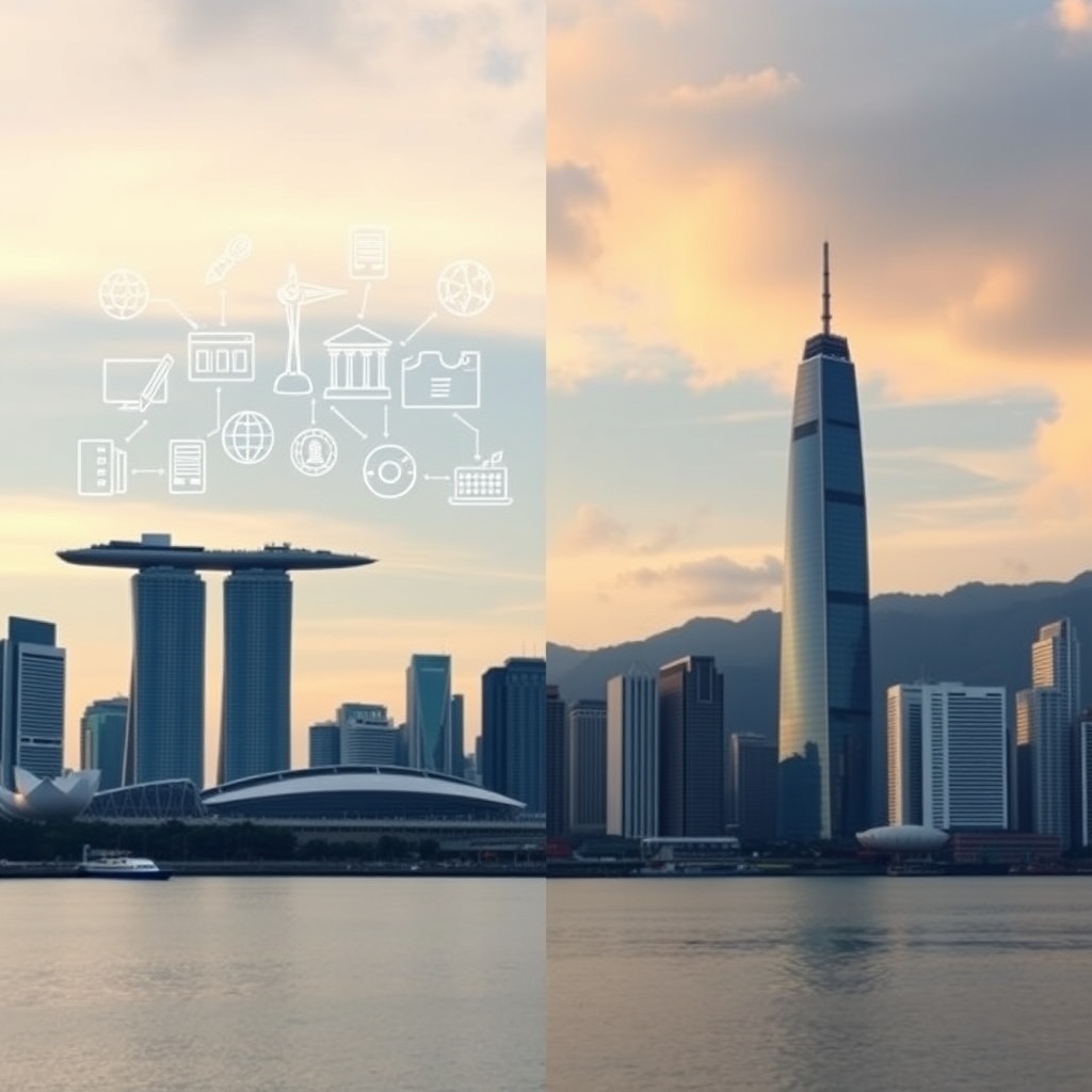 A split image showing the skyline of Singapore on one side and Hong Kong on the other, with icons representing government support and policies floating above each city.