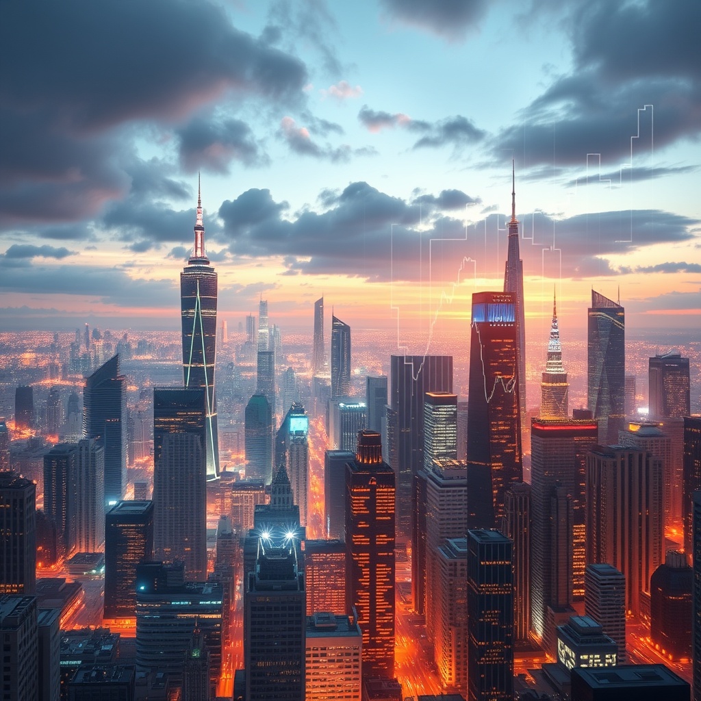 A futuristic cityscape with digital graphs and financial symbols overlaying the skyline, representing technological advancements in FinTech.