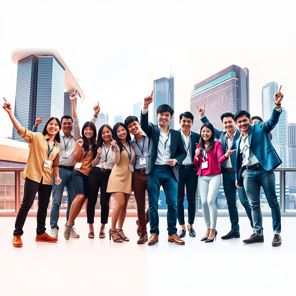 A dynamic split image featuring a successful FinTech startup team in Singapore on one side and a similar team in Hong Kong on the other, both celebrating milestones.