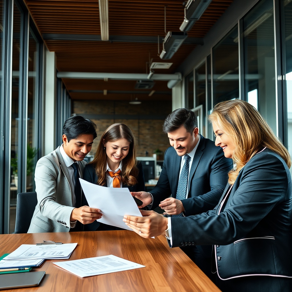 A professional stock photo of a team of lawyers and financial advisors reviewing documents in a modern office, symbolizing the fund formation process.