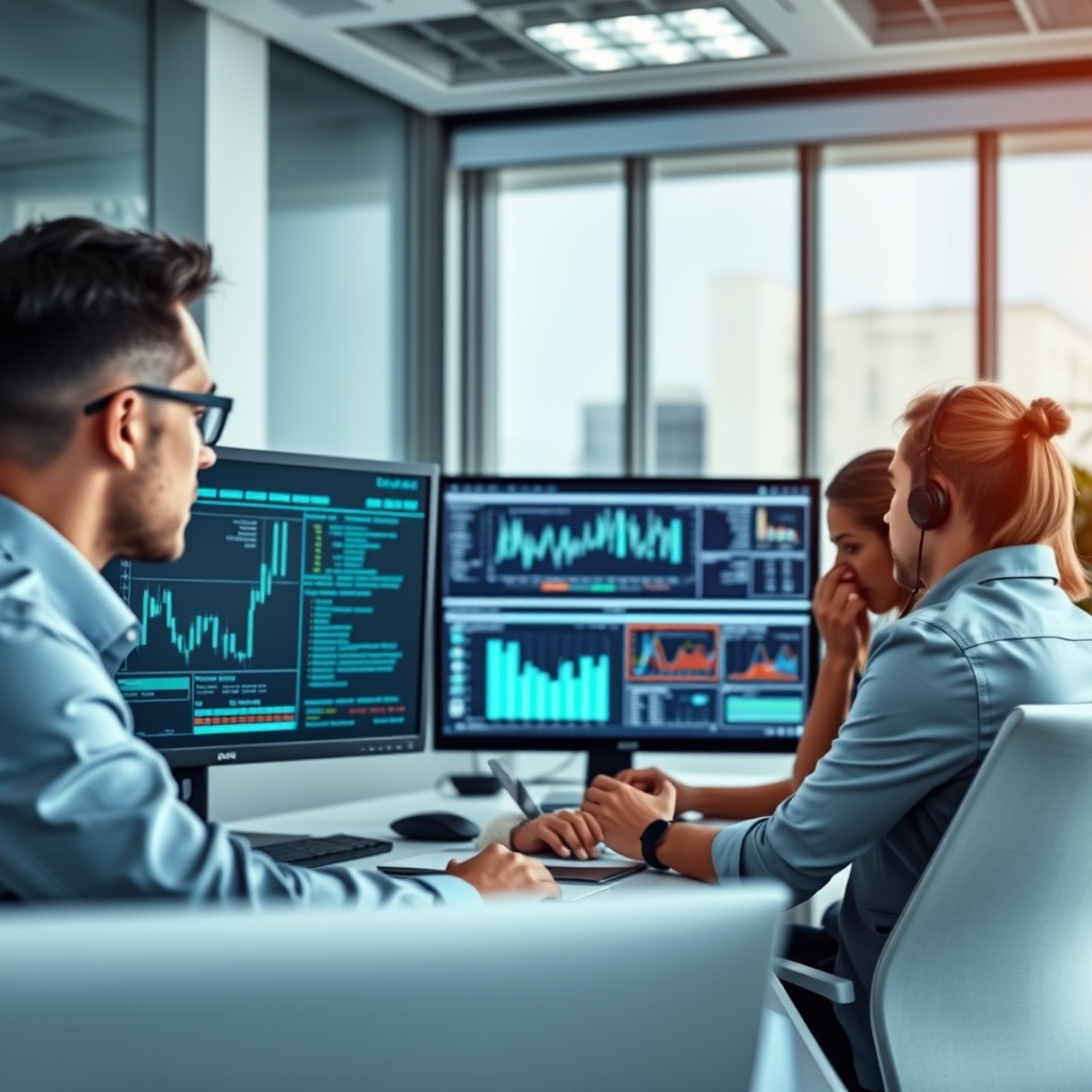 A professional stock photo of a risk management team analyzing data on multiple screens in a high-tech office environment, representing operational due diligence.