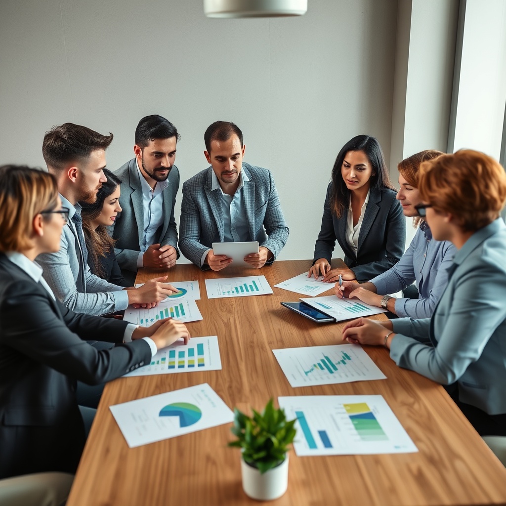 A professional stock photo of a diverse group of professionals discussing sustainable investment strategies around a table with ESG reports and charts visible.