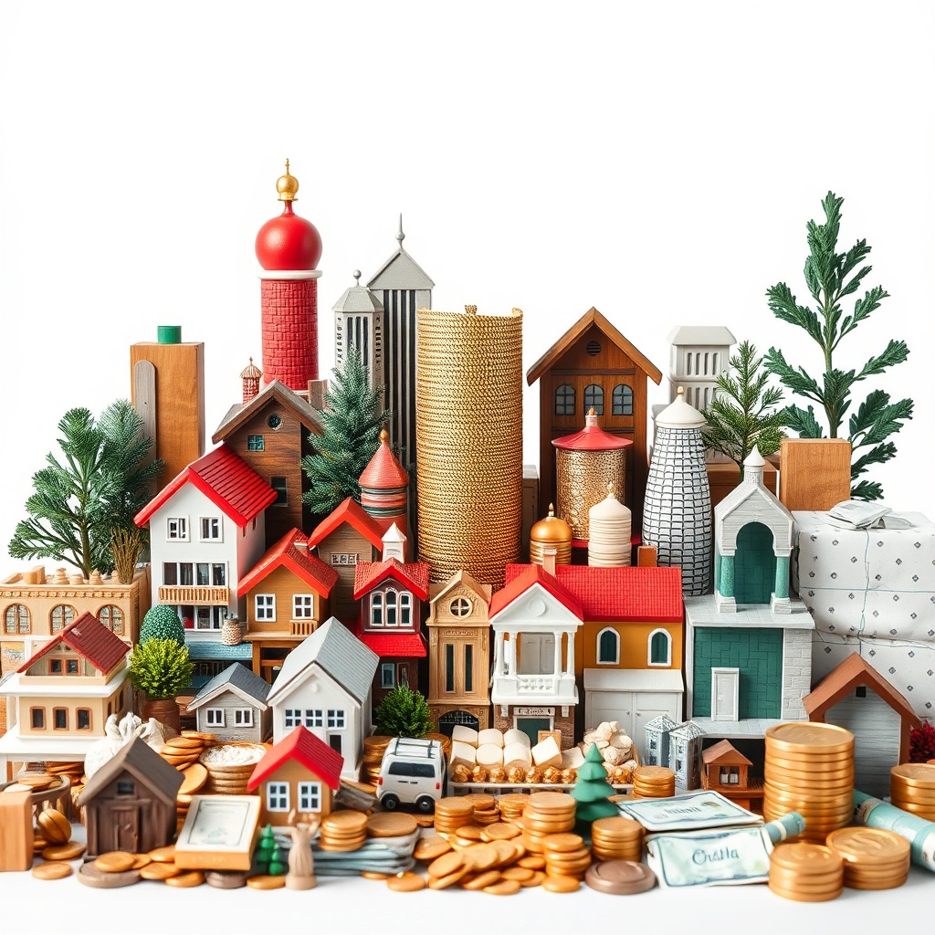 A professional stock photo showcasing a diverse collection of tangible and intangible assets, such as real estate, patents, and stocks, arranged neatly to symbolize variety and value.