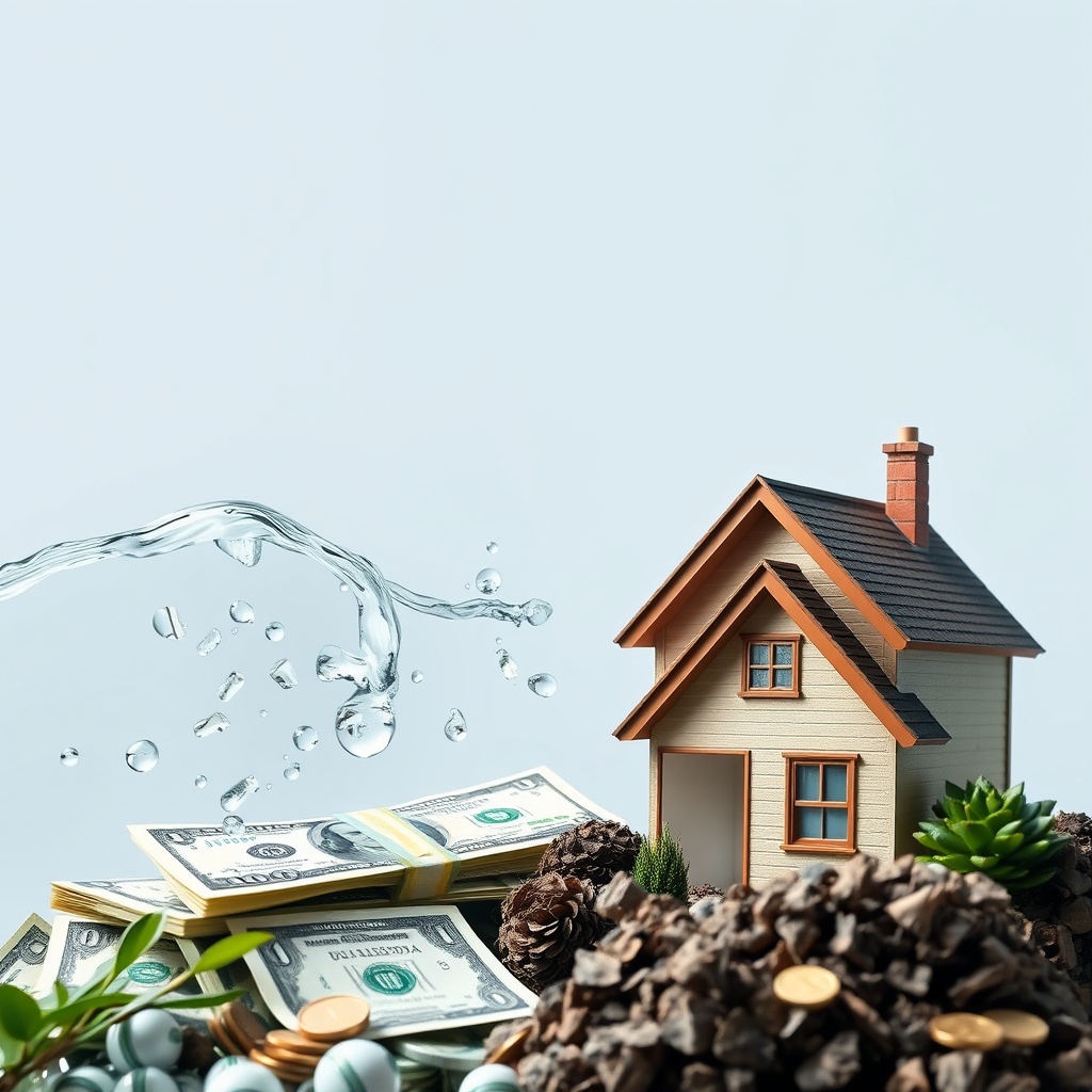 A high-quality stock image depicting the concept of liquidity, with a clear visual contrast between liquid assets like cash and illiquid assets like real estate, emphasizing ease of conversion.