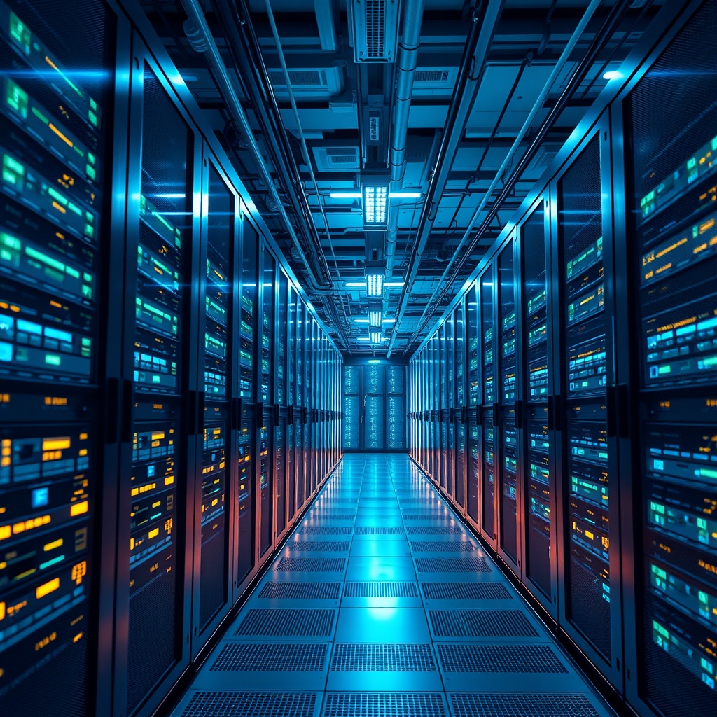 A high-tech data center with servers and glowing lights, representing the infrastructure development in the FinTech sector.