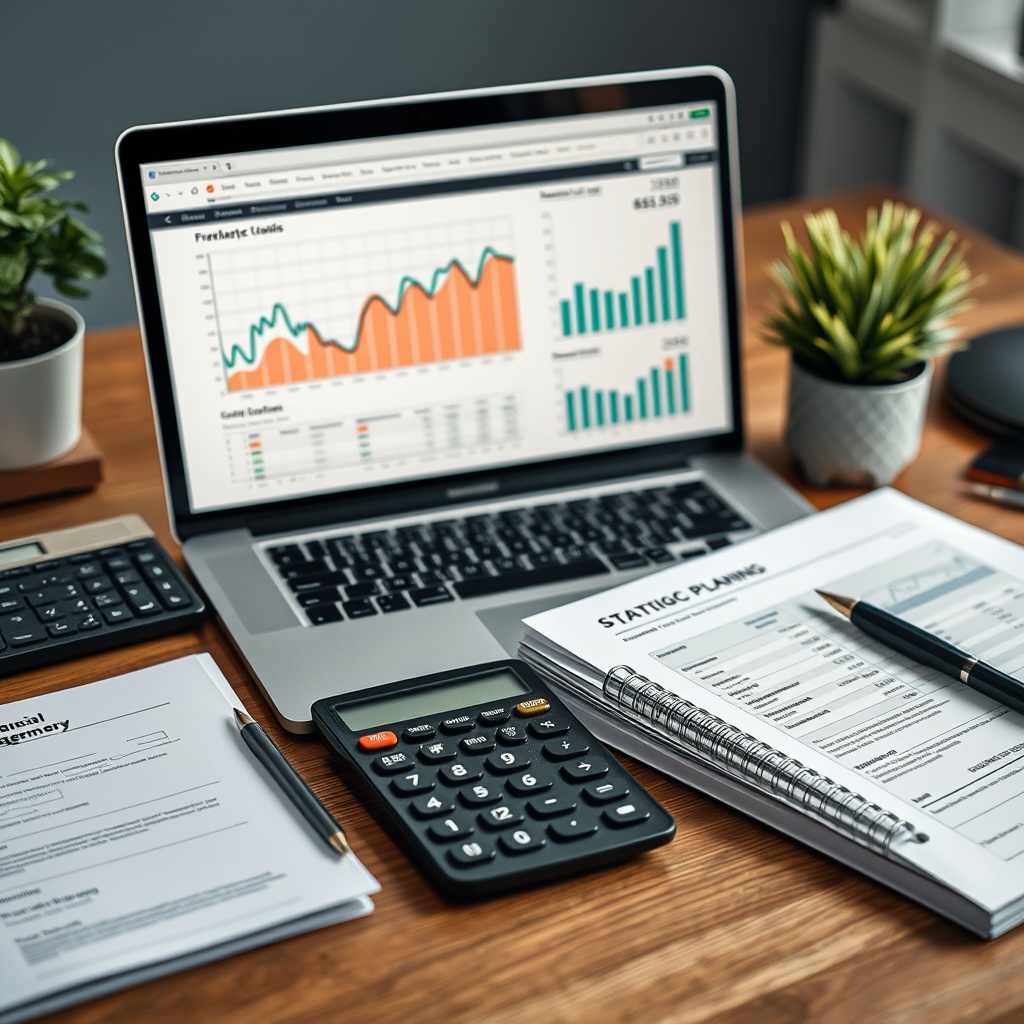 A professional stock photo illustrating financial planning, featuring a well-organized desk with a laptop displaying investment charts, a calculator, and a notebook with strategic plans, symbolizing asset management.