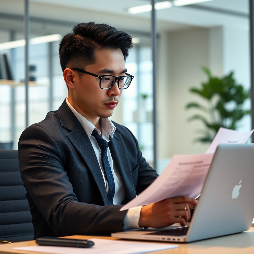A professional stock photo of a focused accountant in a modern office setting, organizing tax documents on a laptop, highlighting the importance of tax reporting and compliance for Asia-based investment funds.