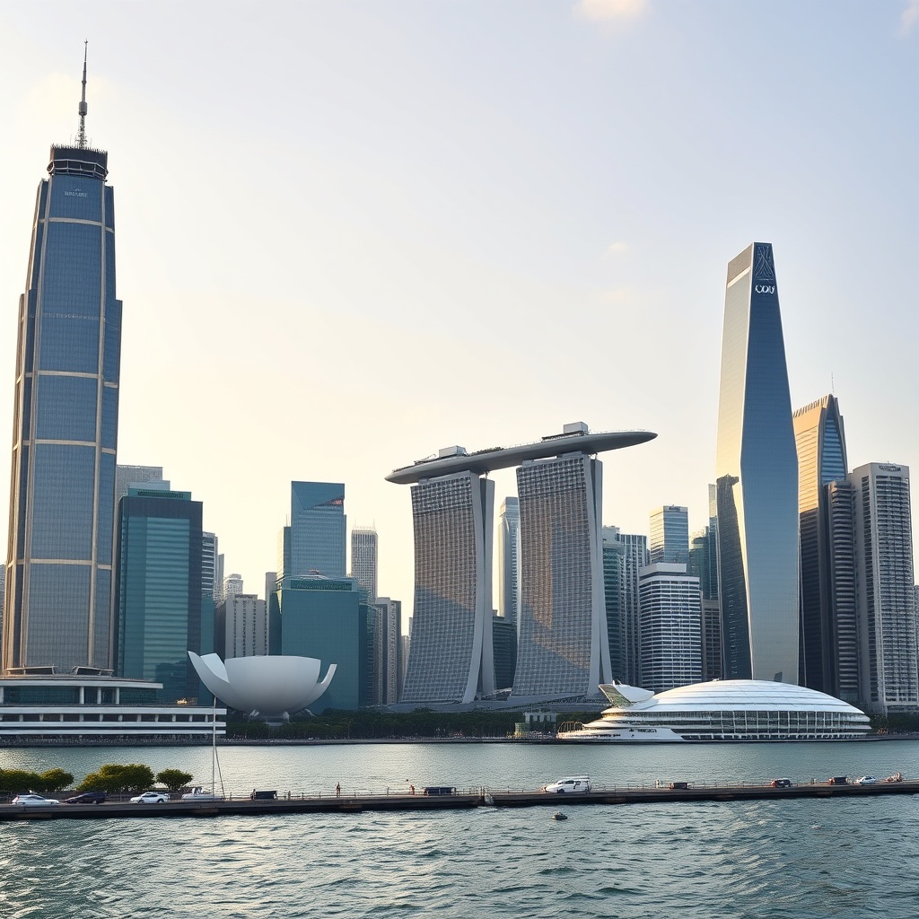 A professional stock photo of a modern financial district skyline, featuring iconic buildings from Hong Kong, Singapore, and the Cayman Islands, symbolizing global finance and fund structuring.