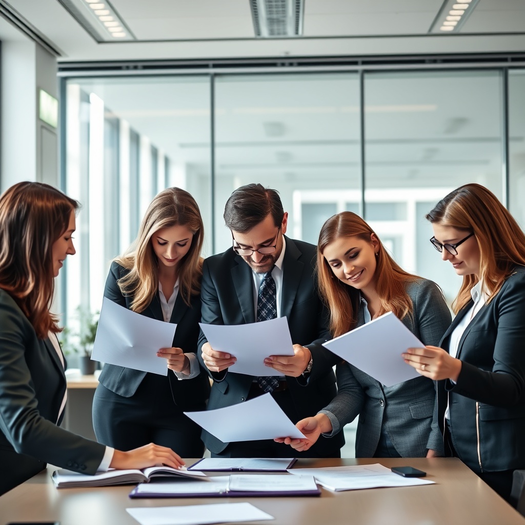 A professional stock photo of a team of compliance officers reviewing documents in a well-lit, modern office, emphasizing the importance of regulatory compliance in fund structuring.
