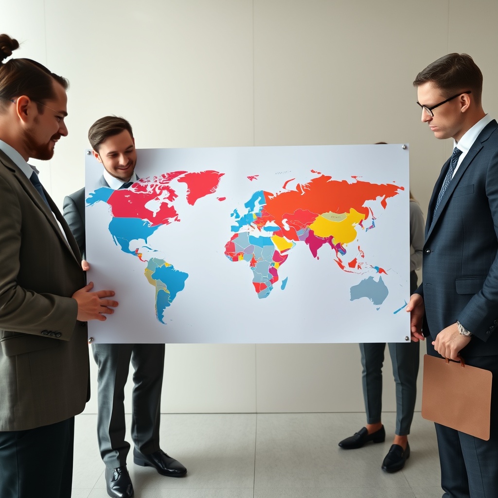 A professional stock photo of a diverse group of business professionals analyzing a world map with highlighted regions, symbolizing the selection of jurisdictions for a multi-jurisdictional fund.