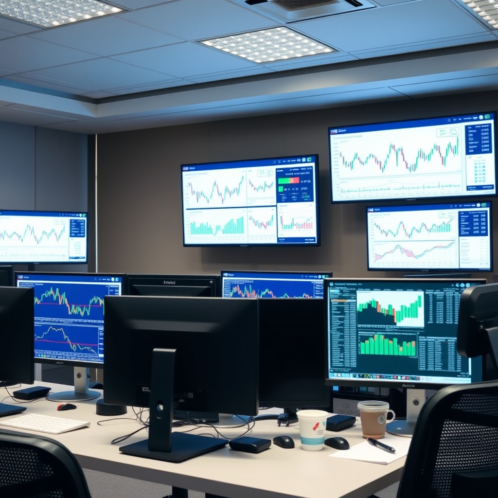 A professional stock photo of a modern office setup with multiple computer screens displaying financial charts and reports, representing the operational setup and management of a fund.
