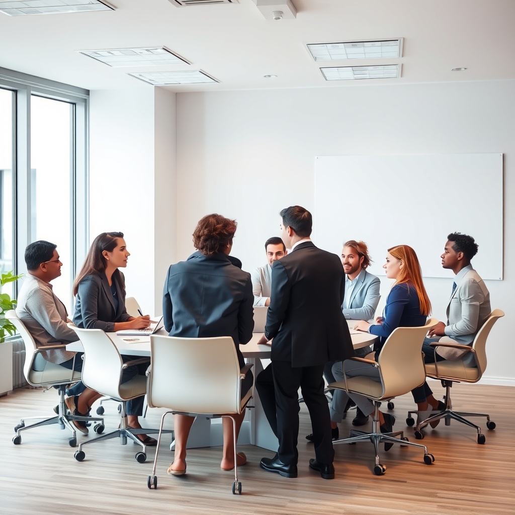 A professional stock photo of a team of diverse professionals in a meeting room, discussing and planning, representing the assembly of a skilled team for fund launch.