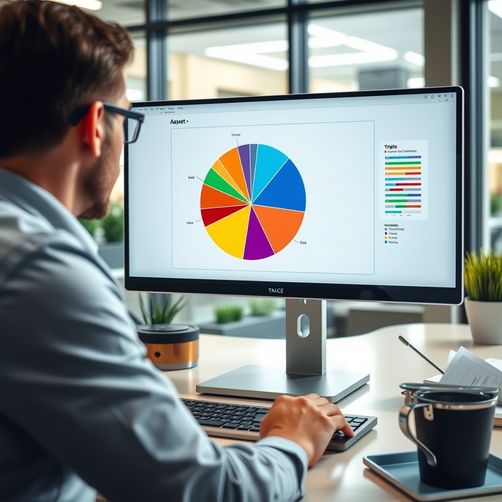 A high-quality stock image depicting a financial analyst reviewing a colorful pie chart representing different asset classes on a computer screen in a modern office setting.