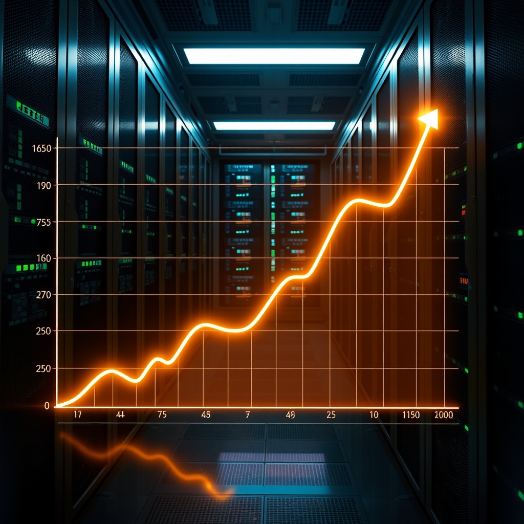 A glowing graph showing exponential growth in Asian FinTech investments, with a backdrop of a high-tech data center.
