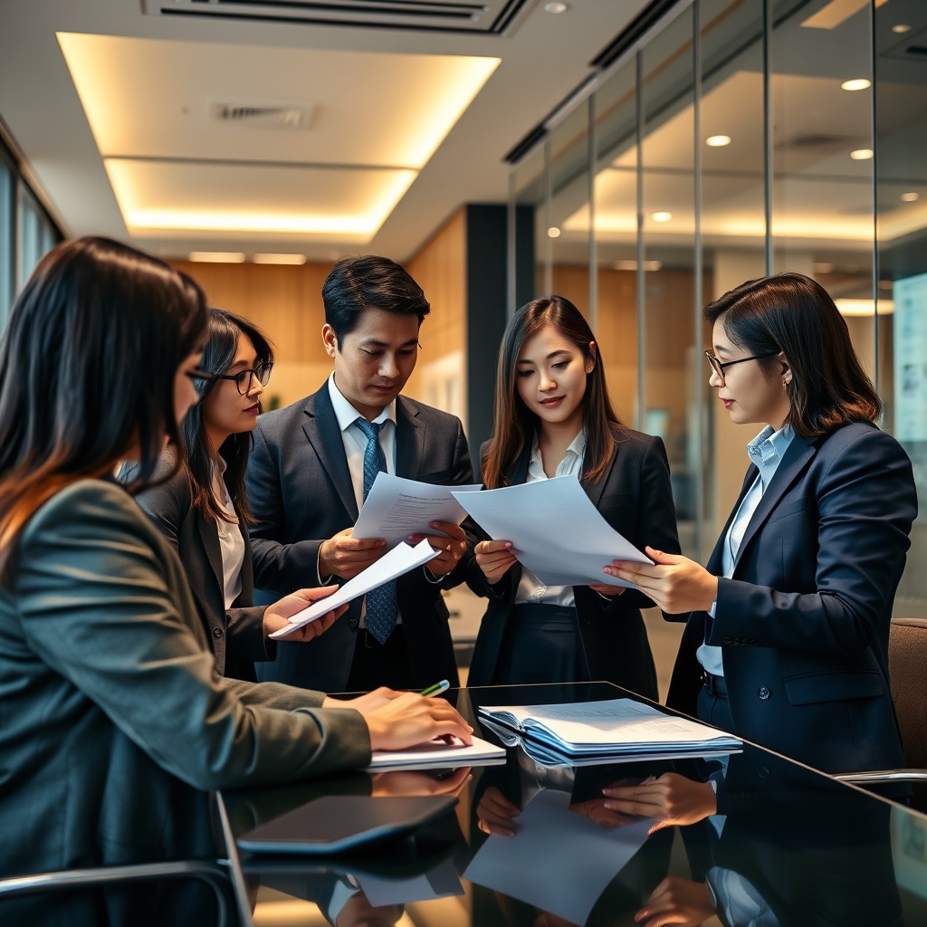 A professional stock photo depicting a team of lawyers and fund managers discussing regulatory compliance documents in a modern Asian office setting, symbolizing navigating regulatory risks and compliance.