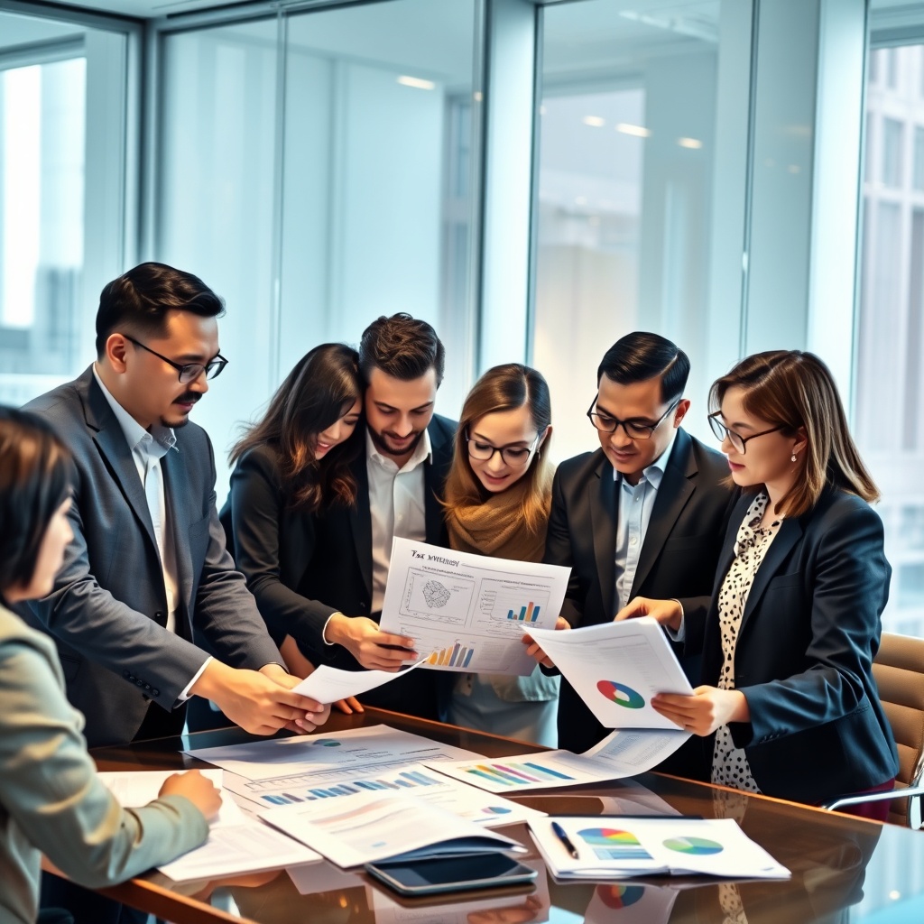 A high-quality stock image showing a diverse group of investors and fund managers analyzing tax documents and charts in a bright, contemporary conference room in Asia, representing tax considerations in fundraising.