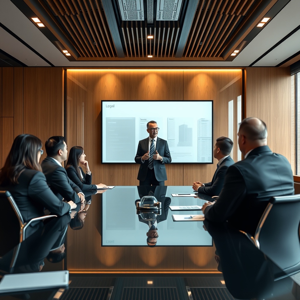 A professional stock photo illustrating a legal advisor presenting to a group of attentive fund managers in a sleek, high-tech Asian boardroom, highlighting the role of legal advisors in fundraising.