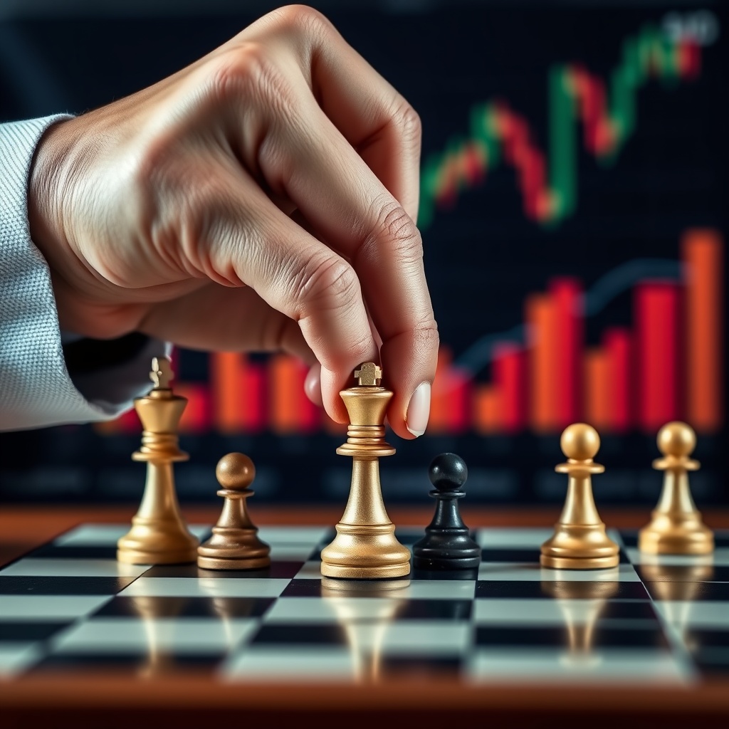 A professional stock photo of a hand placing chess pieces on a board, symbolizing strategic investment planning, with a blurred financial chart in the background.
