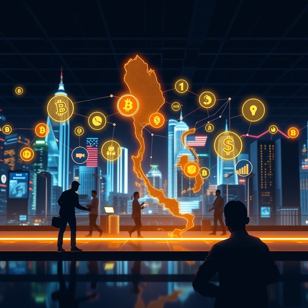 A professional stock photo depicting the dynamic FinTech ecosystem in Thailand, highlighting digital currency and payment systems with a focus on innovation and regulatory challenges.