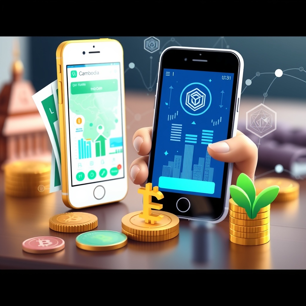 A high-quality stock image representing Cambodia's developing FinTech market, showcasing mobile money and blockchain technology in a context of financial inclusion and regulatory evolution.