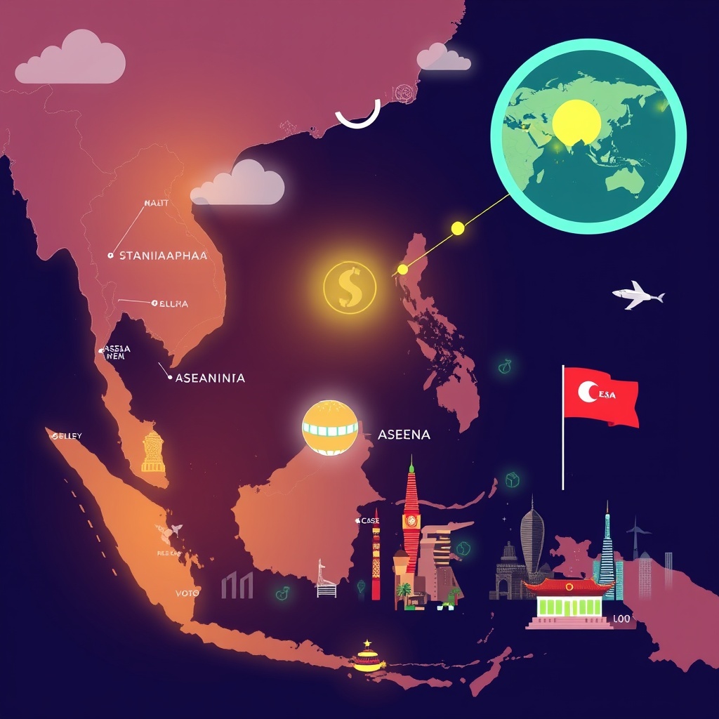 An engaging stock photo illustrating cross-border FinTech collaboration in Southeast Asia, with imagery suggesting regulatory harmonization and digital payment networks across ASEAN countries.
