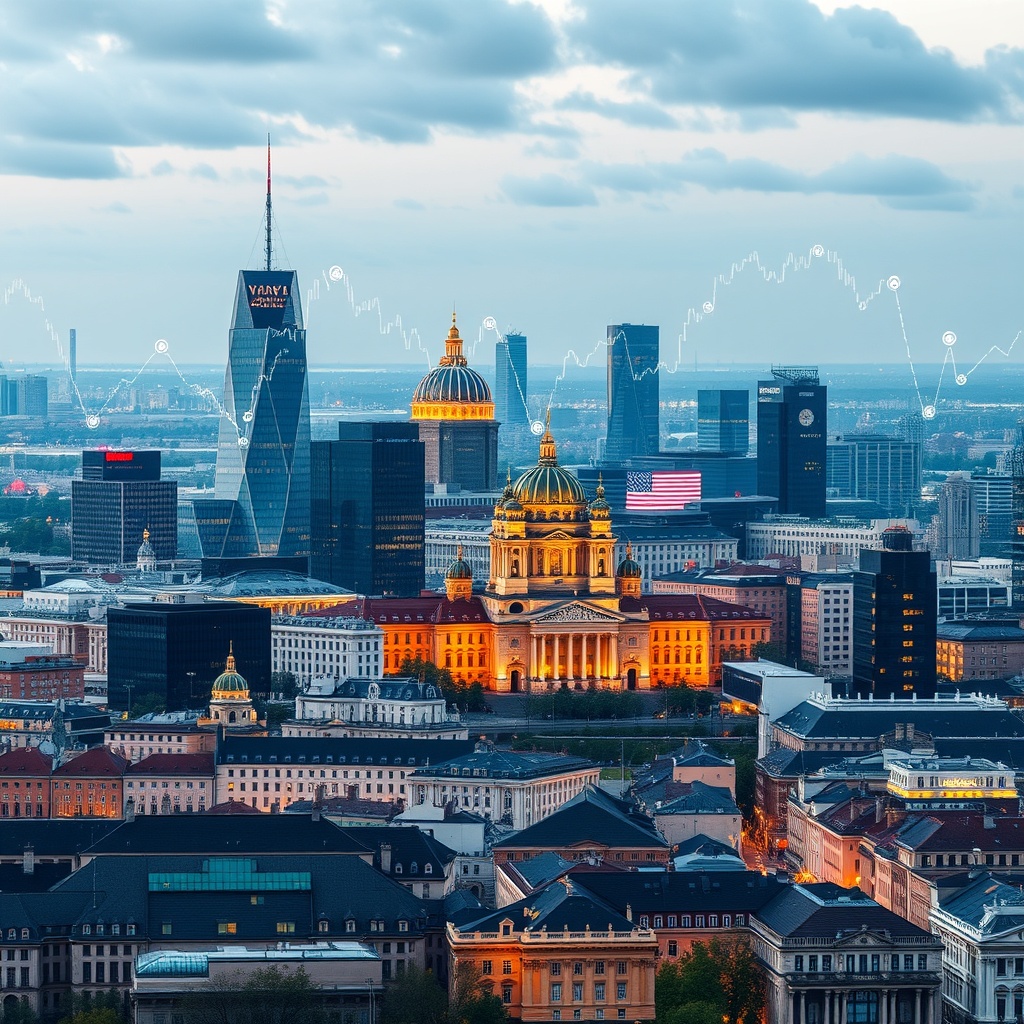 A dynamic cityscape of Vilnius with a focus on modern financial buildings and digital technology symbols overlaying the skyline, representing its rise as a FinTech hub.