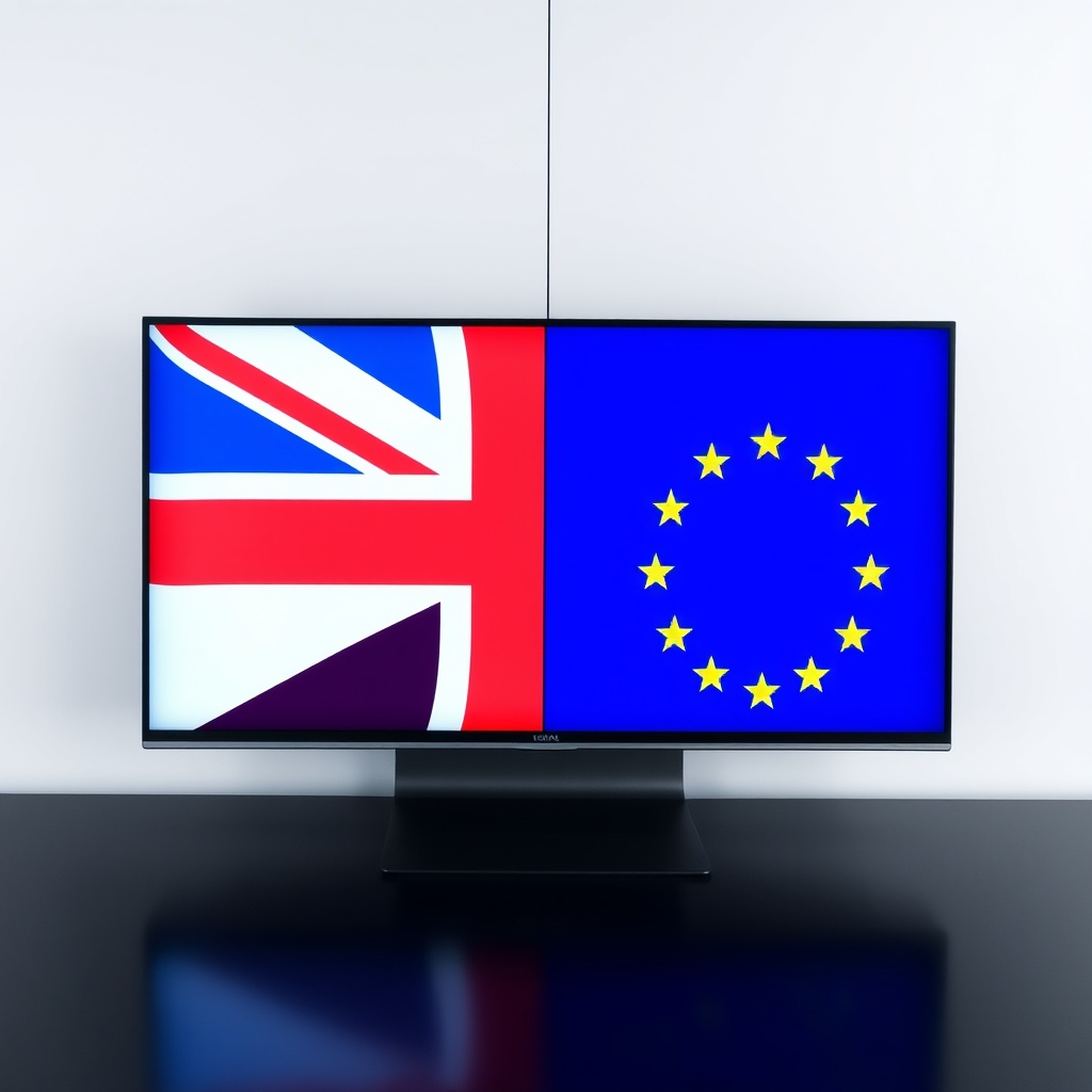 A professional image depicting a split screen with UK and EU flags, symbolizing dual regulatory systems, with a focus on compliance strategies and challenges.