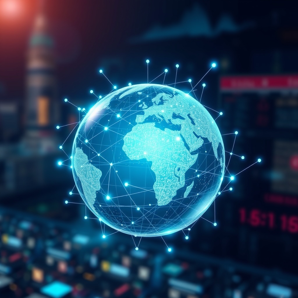 A futuristic image showing a digital globe with interconnected financial networks, representing future trends in asset management regulation and cross-border fund management.