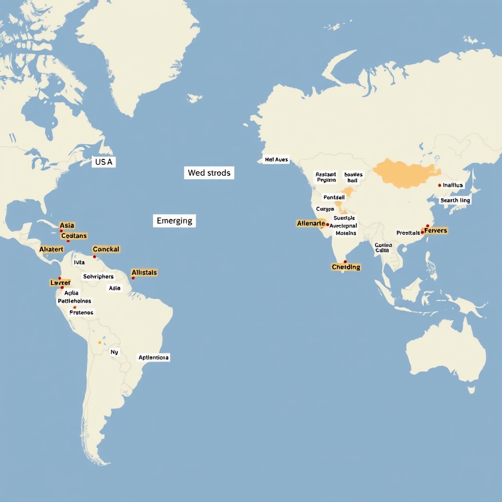 A global map with highlighted financial hubs in the US, Asia, and emerging markets, illustrating global perspectives on post-Brexit fund management.