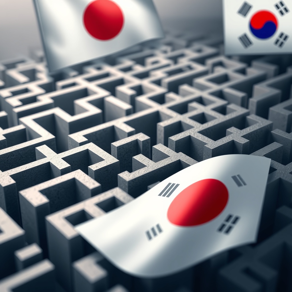 A professional stock photo depicting a complex regulatory compliance maze with Japanese and South Korean flags in the background, symbolizing the intricate compliance challenges in FinTech markets.