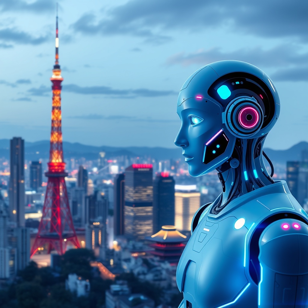 A high-quality stock image showing a futuristic AI and robo-advisory interface with a backdrop of Tokyo and Seoul skylines, highlighting technological advancements in FinTech.