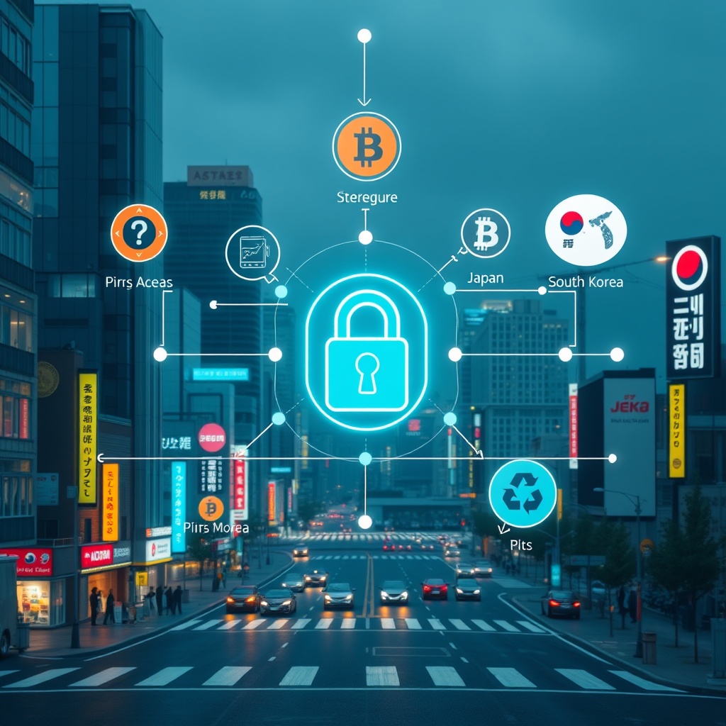 A professional stock photo illustrating a secure digital transaction process with cybersecurity elements, set against a backdrop of Japan and South Korea's financial districts.