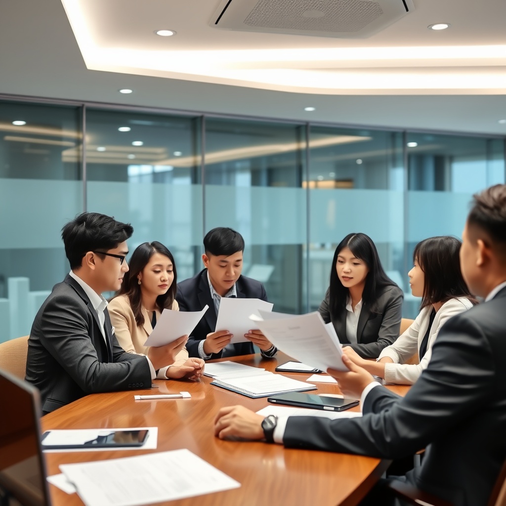 A professional stock photo of a diverse group of business professionals in a meeting room, reviewing documents and discussing regulatory compliance in an Asian financial district.