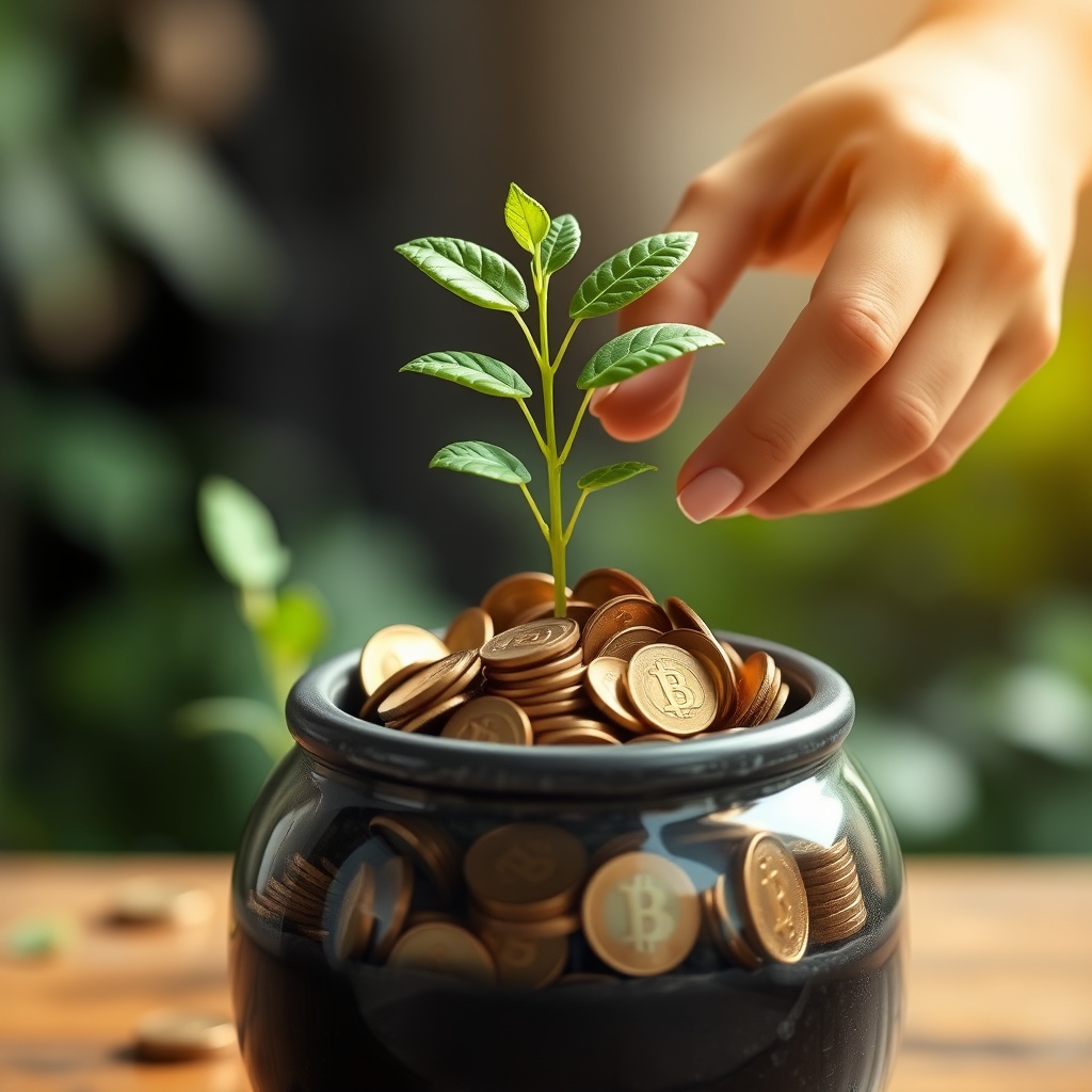 A high-quality stock image showing a hand placing a green plant into a pot filled with coins, symbolizing sustainable and ESG investing in Asia's financial markets.