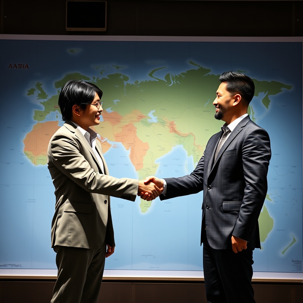 An engaging stock photo depicting two business professionals from different cultures shaking hands in front of a world map, highlighting cross-border investments and partnerships in Asia.