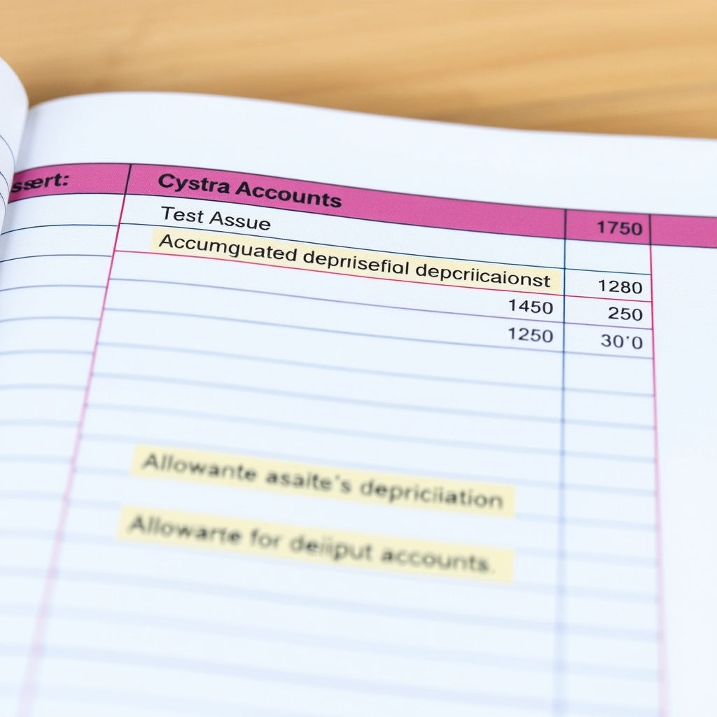 A professional stock photo of a ledger book with highlighted sections showing different types of contra asset accounts like accumulated depreciation and allowance for doubtful accounts.