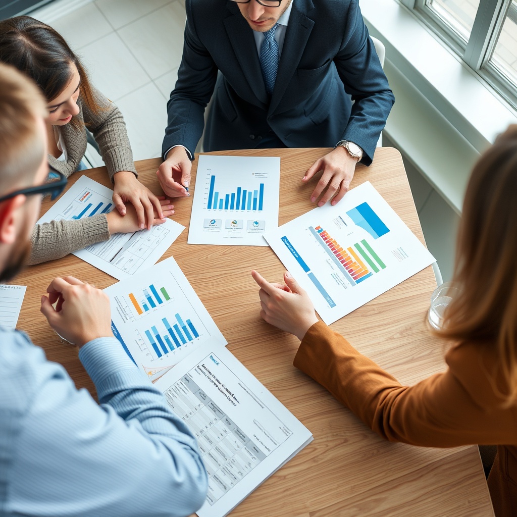 A professional stock photo of a team in a business meeting discussing financial strategies with documents and charts on the table.