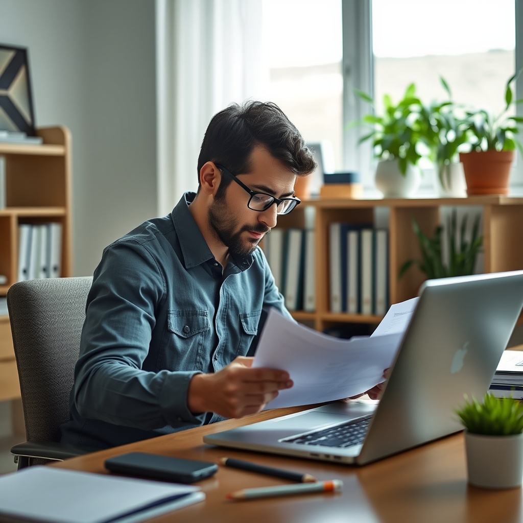 A focused individual reviewing documents and using a laptop in a home office setting, symbolizing the search for digital assets.