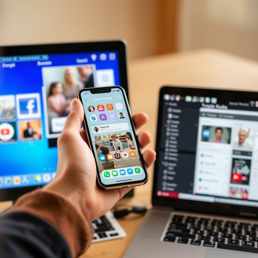 A person navigating through a smartphone and laptop screens showing social media and banking apps, representing online asset discovery.